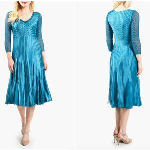 KOMAROV BEADED V-NECK CHIFFON & CHARMEUSE PEACOCK DRESS sz M